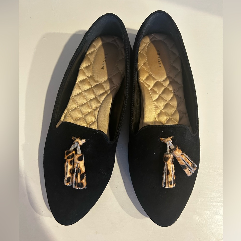 Birdies Black velvet with leopard hair Tassel Loafers